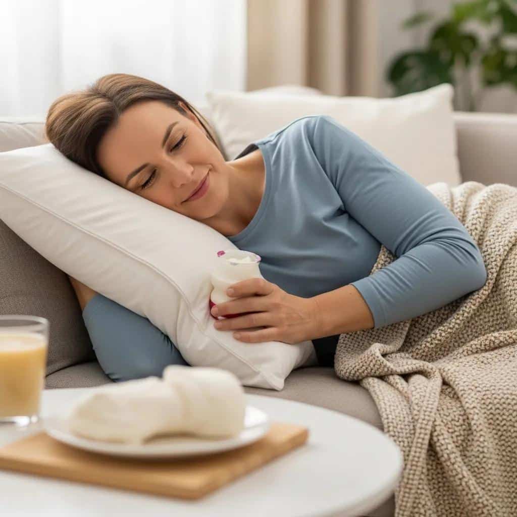 Patient resting at home during dental implant recovery with soft food