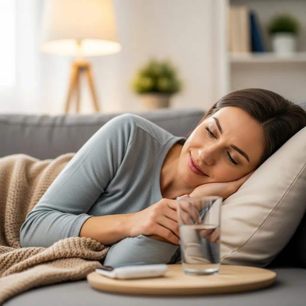 Patient resting at home during recovery after zygomatic implant surgery, showcasing a cozy and inviting environment