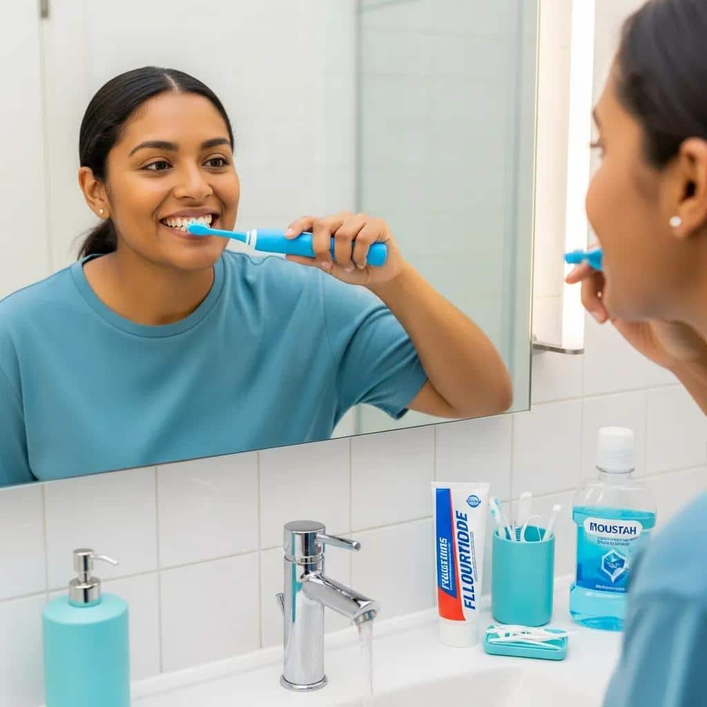 Person brushing teeth to maintain oral hygiene and prevent adjacent tooth decay