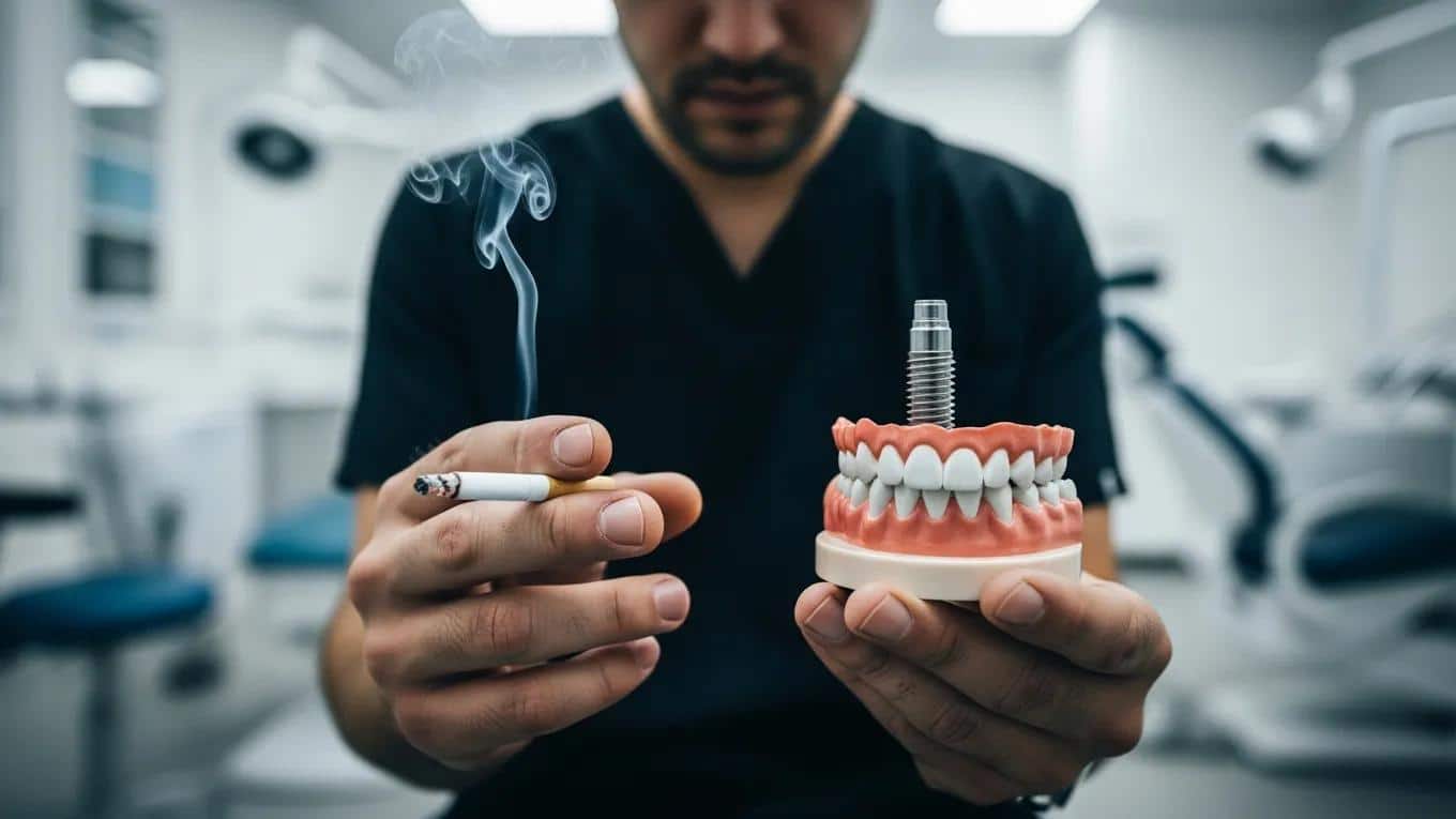 Person holding a cigarette and a dental implant model, symbolizing smoking risks