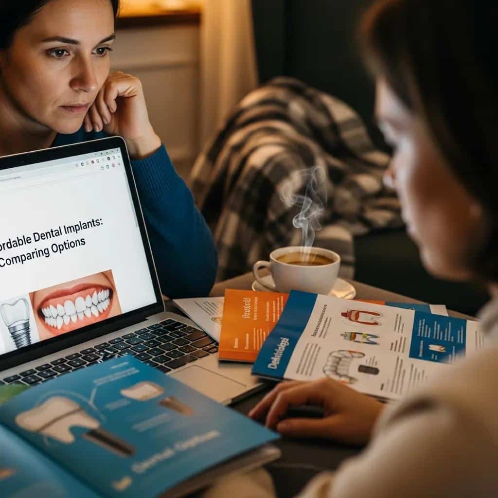 Person researching affordable dental implant options at home