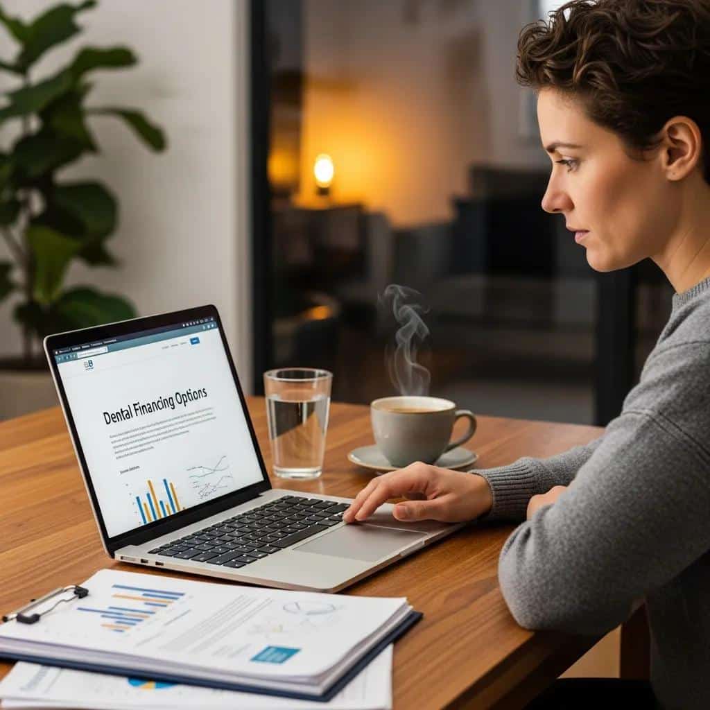 Person reviewing dental financing options on a laptop at a cozy table setting