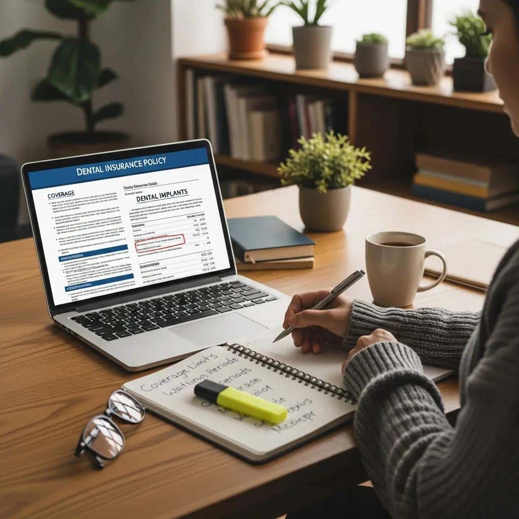 Person reviewing dental insurance policy for implant coverage at home
