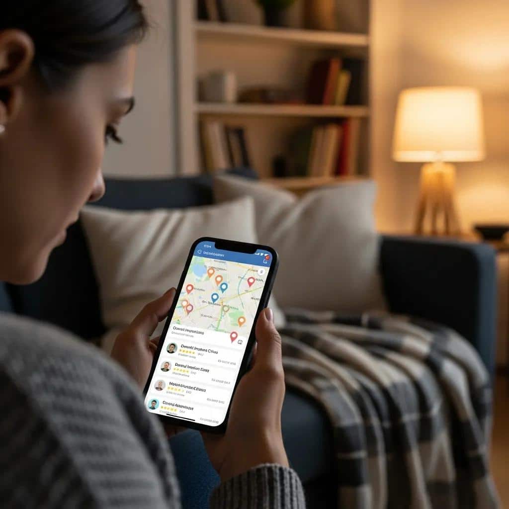 Person searching for local dental implant clinics on a smartphone in a cozy home setting