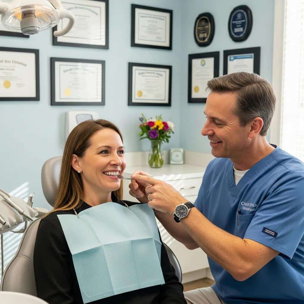 Satisfied patient smiling after dental implant procedure with dentist