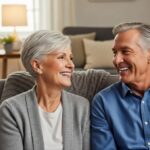 Senior couple smiling with dental implants in a cozy home setting
