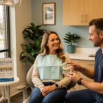Smiling patient consulting with a dentist about dental implant financing options