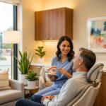 Smiling patient consulting with a dentist about dental implants in a cozy dental office
