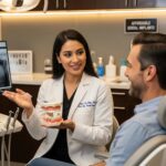 Smiling patient consulting with a dentist about dental implants in a welcoming dental office