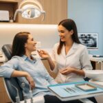 Smiling patient consulting with a dentist in a modern dental office