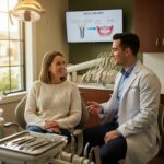 Smiling patient consulting with a dentist in a modern dental office, highlighting dental implant care