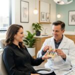 Smiling patient consulting with dentist about dental implants in a modern office