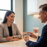 Smiling patient consulting with dentist about dental implants in a modern office