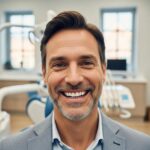 Smiling patient in a dental clinic showcasing zygomatic dental implants, highlighting confidence and satisfaction