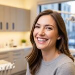 Smiling patient with dental implants in a modern dental clinic