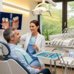 Smiling patient with dental professional in a modern dental office, representing dental implants
