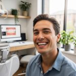 Smiling person in a dental office representing the benefits of dental implants