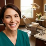 Smiling person in a dental office representing the benefits of dental implants