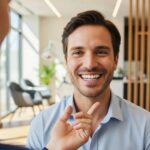 Smiling person in a dental office showcasing dental implants