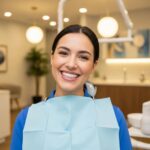 Smiling person with dental implants in a bright dental office, showcasing confidence and satisfaction