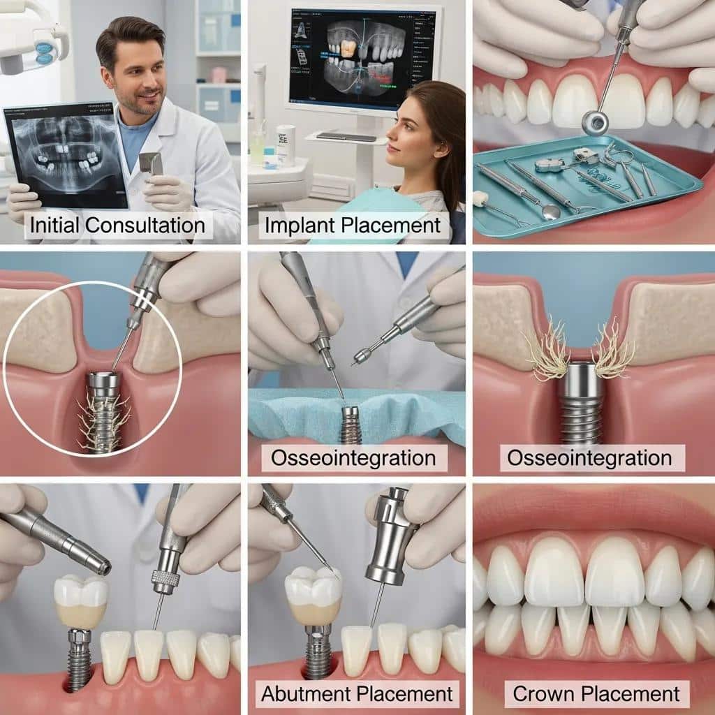 Illustration showing the stages of dental implant placement