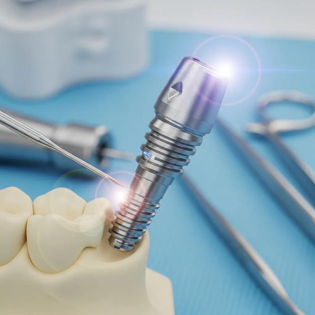 Titanium dental implant in a clinical setting, showcasing its strength and durability as the gold standard in dental restoration