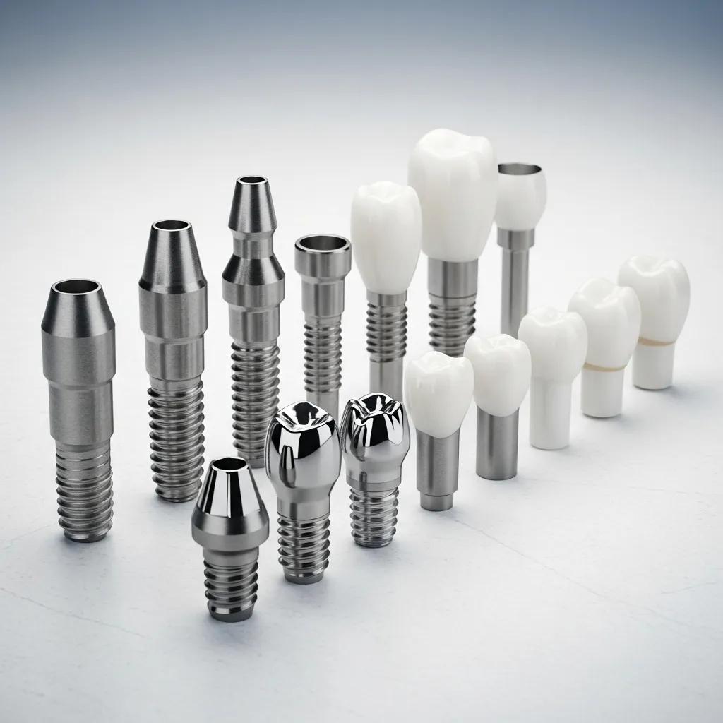 Various dental implant materials including titanium and zirconia displayed on a clean surface
