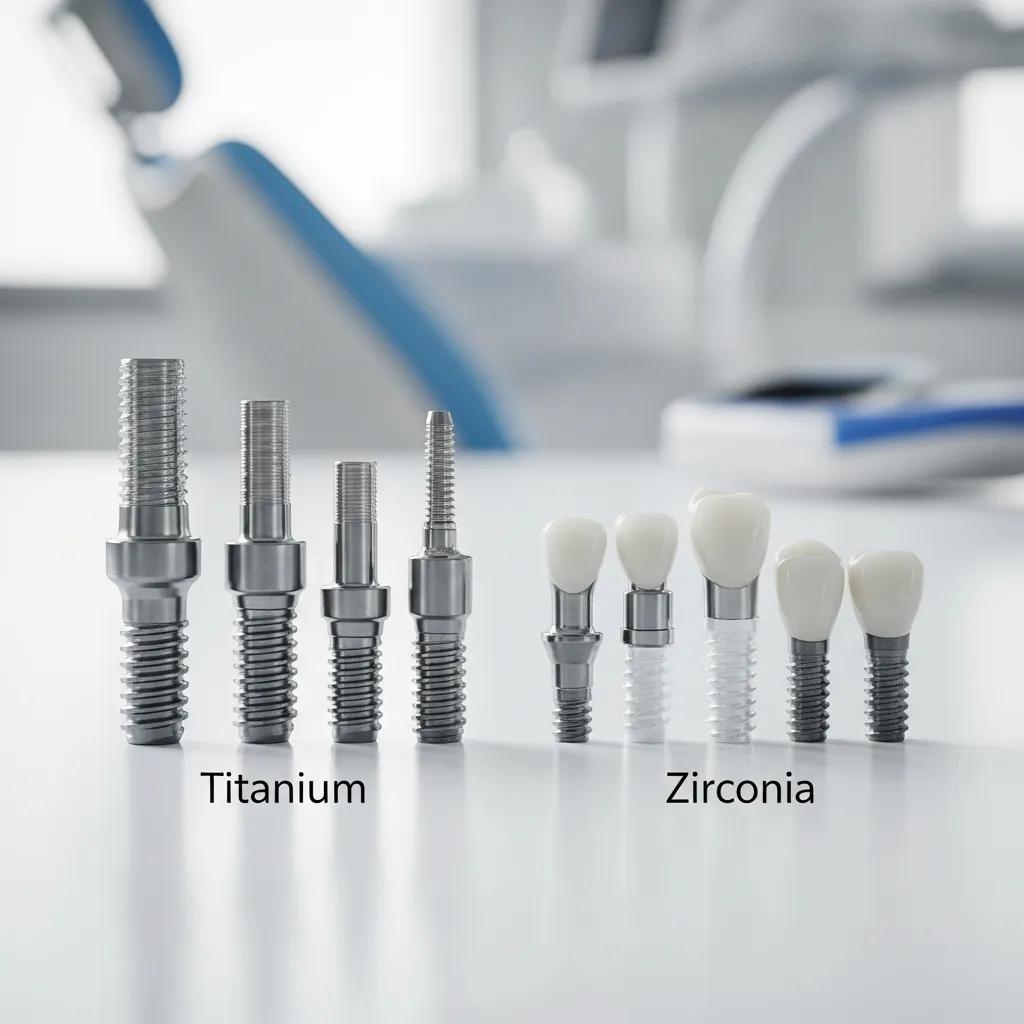 Various dental implant materials including titanium and zirconia, highlighting differences