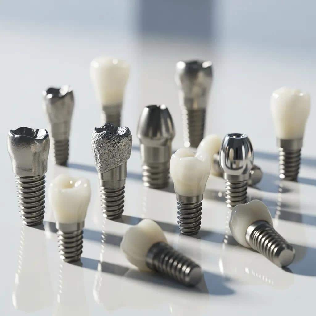 Different dental implant materials, including titanium and zirconia, displayed on a clean surface