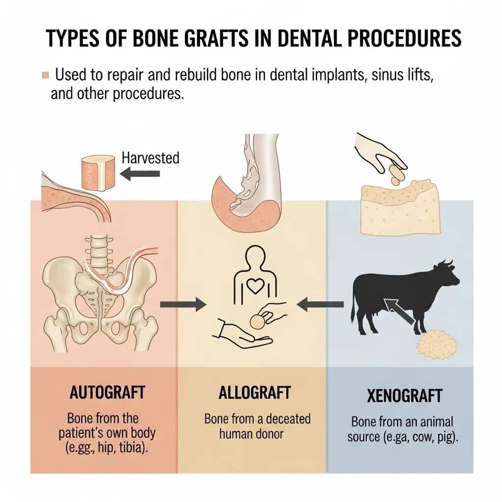 Visual representation of autograft, allograft, and xenograft types for dental implants