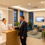 Welcoming dental clinic reception area with a friendly dental professional