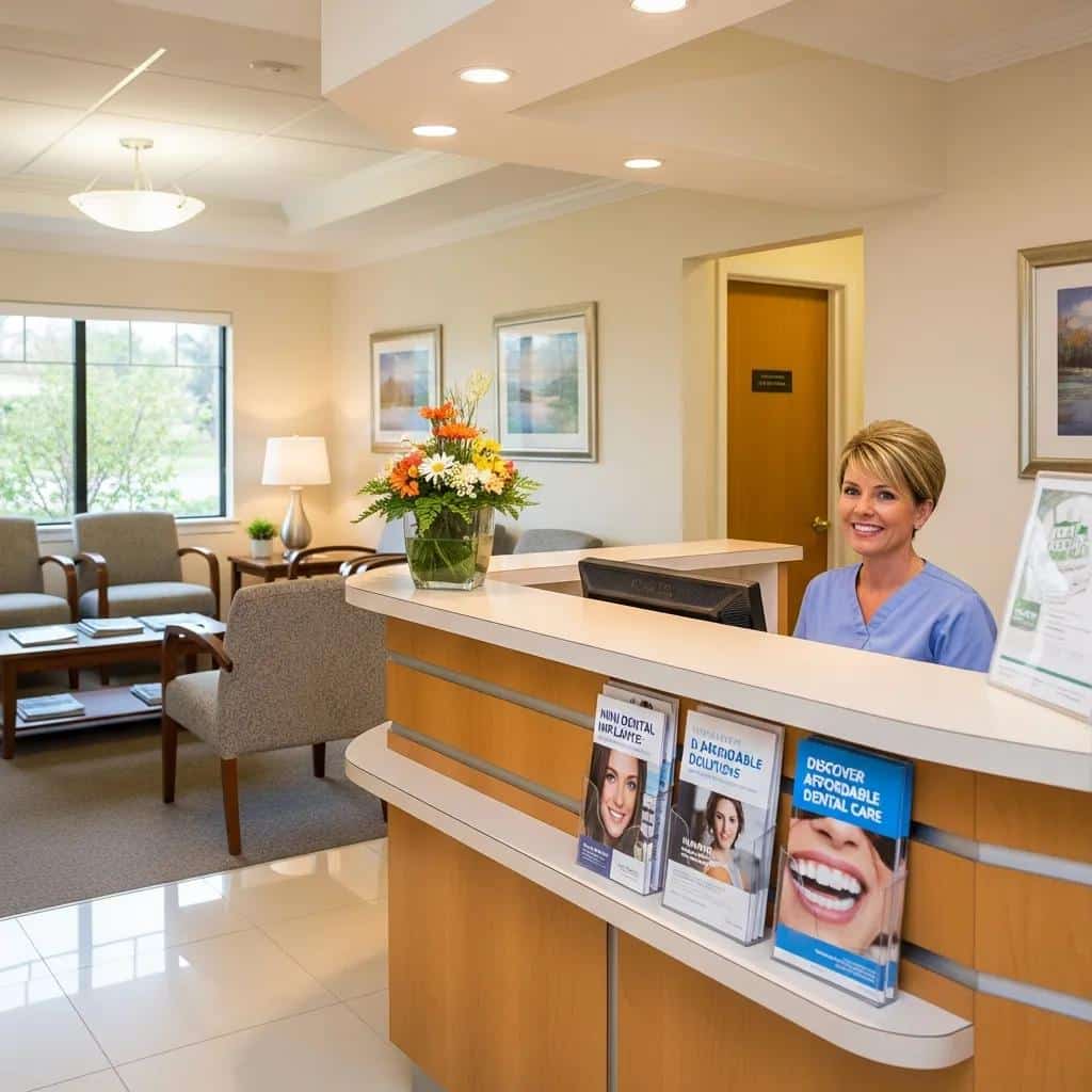 Welcoming dental office reception area with information on mini dental implants
