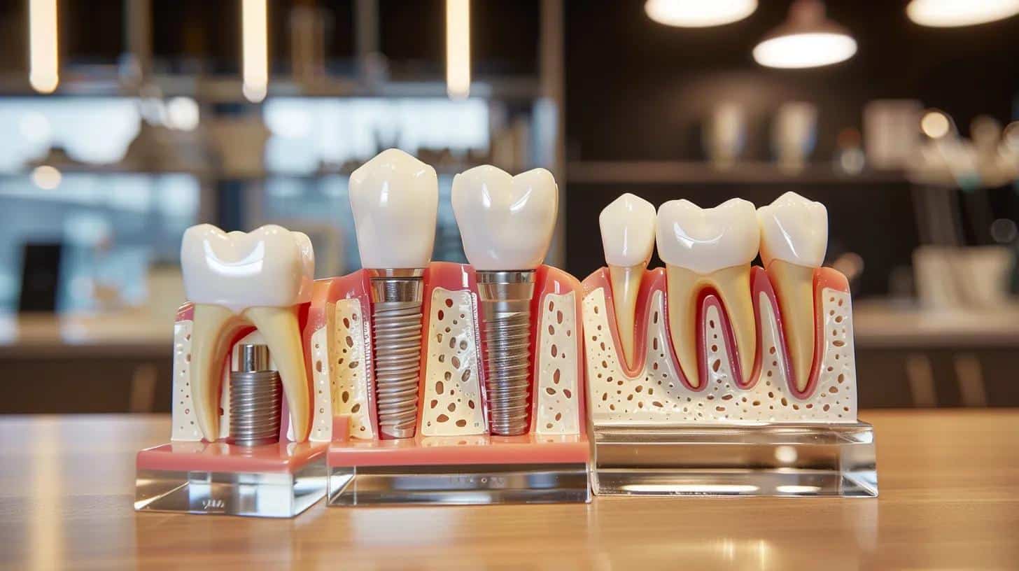 Side-by-side comparison of dental implants, dentures, and bridges on a neutral background