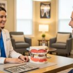 a dentist consultation about dental implants in a warm clinic setting