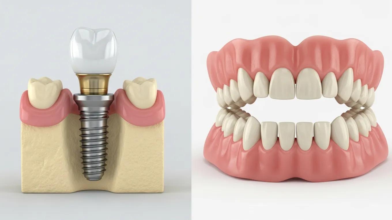 Comparison of dental implants and dentures showcasing their differences