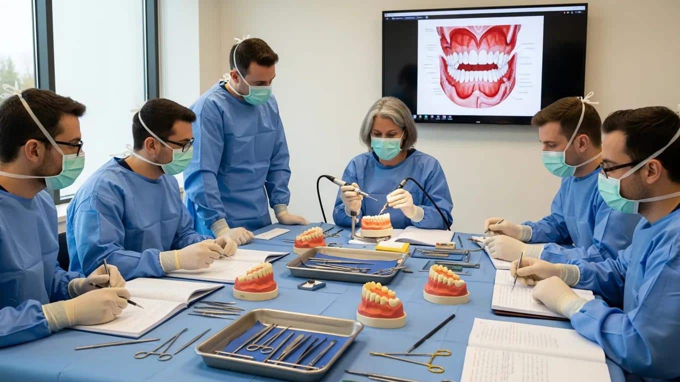 Oral surgeons engaged in hands-on training for dental procedures, highlighting the importance of certifications
