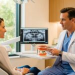 Patient consulting with an oral surgeon about dental implants in a modern dental office