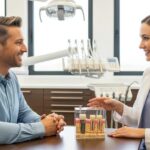 Smiling patient consulting with a dentist about mini dental implants in a modern dental office
