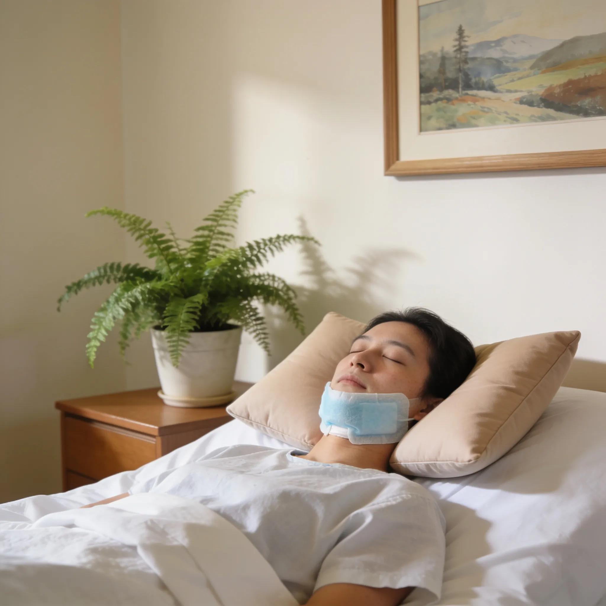 Patient managing swelling after dental implants with an elevated head and cold compress