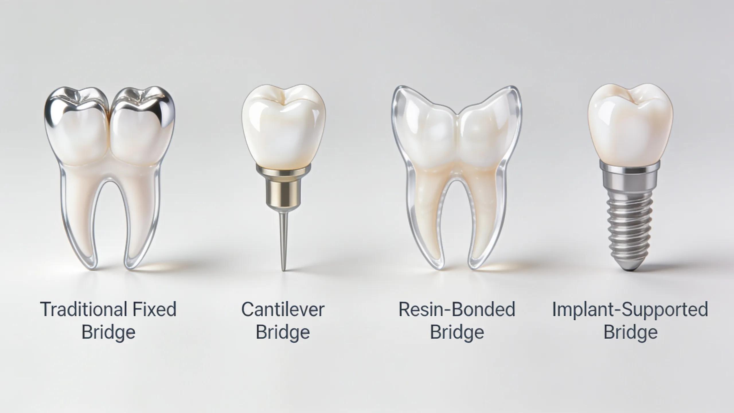 Side-by-side visual comparison of fixed, cantilever, Maryland, and implant-supported dental bridges
