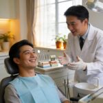 Smiling patient in a dental clinic discussing mini dental implants with a dentist