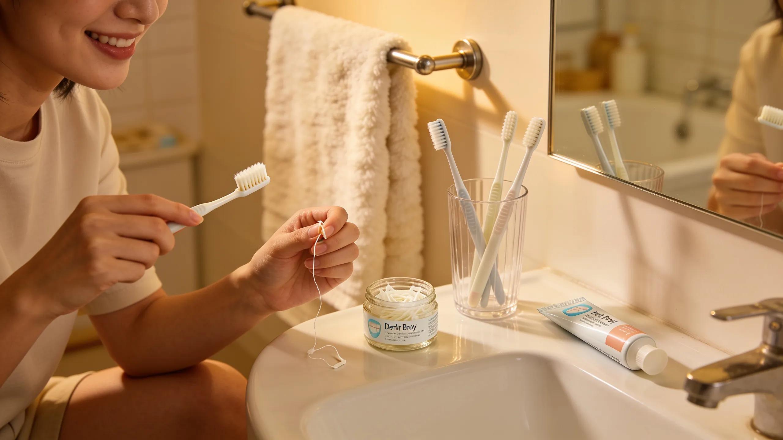 Person performing oral hygiene to maintain a dental bridge