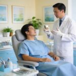 Patient receiving consultation on pain management for dental implants in a comforting dental office