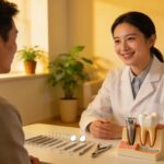Warm dental clinic consultation about dental implants with a smiling patient and dentist, showcasing dental tools and modeling implants