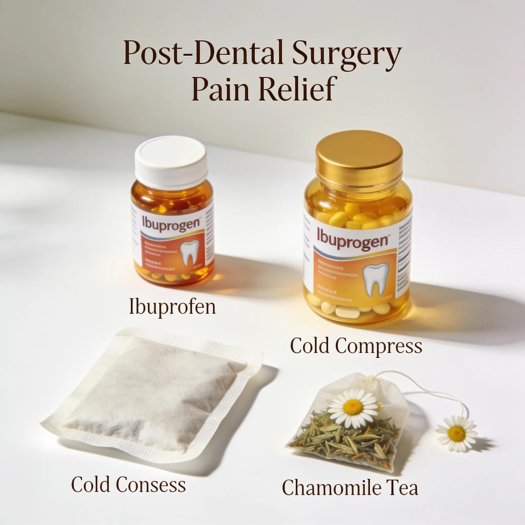 Variety of pain relief options including medications and home remedies for dental implant recovery