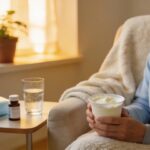 Patient resting at home post dental implant surgery, surrounded by healing essentials
