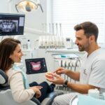 Patient consulting with dentist about dental implant aesthetics in a modern dental office
