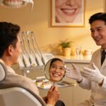 Smiling patient discussing dental implants with a dentist in a modern clinic