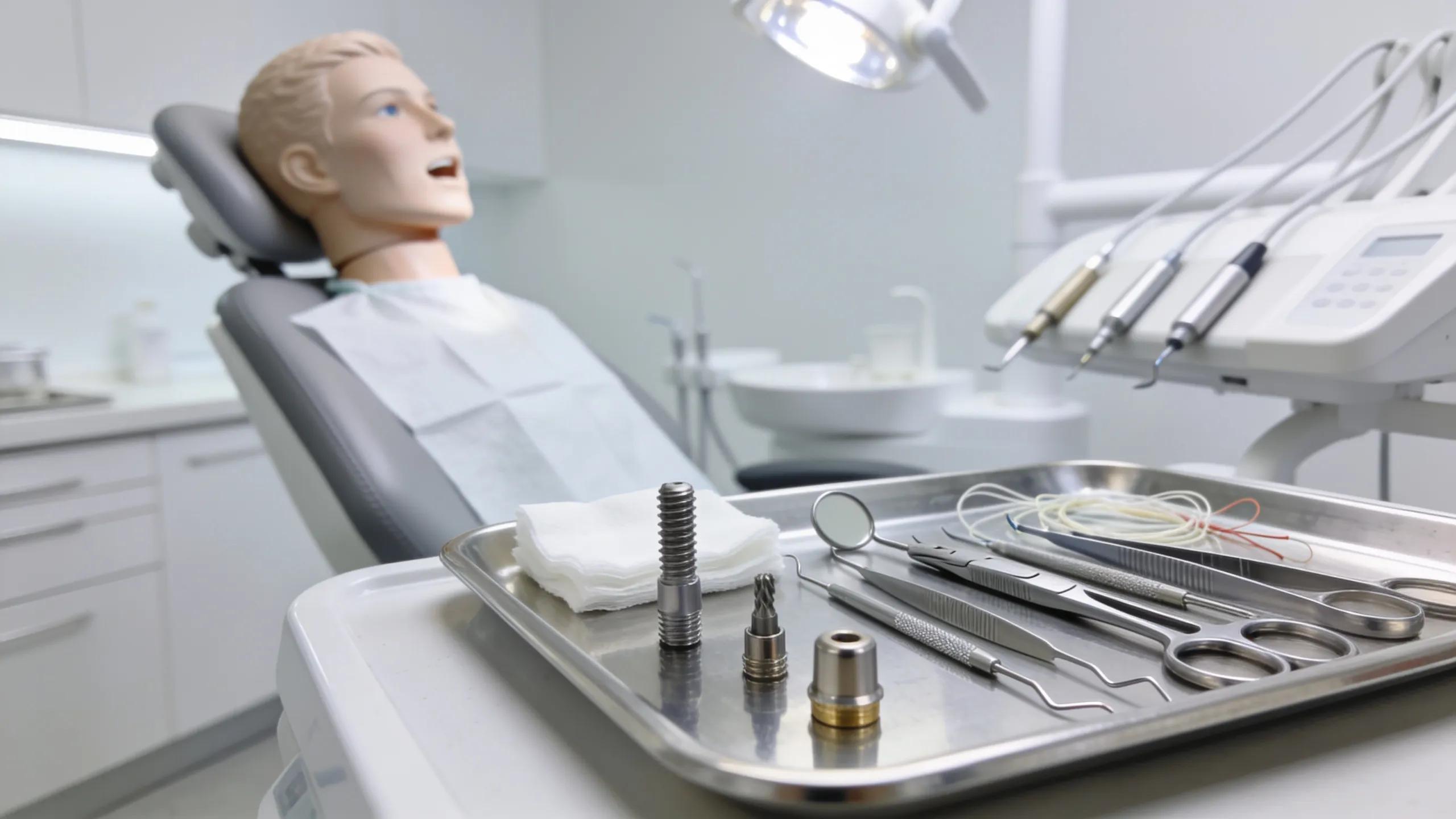 Surgical tools and equipment arranged neatly in a sterile dental environment for implant procedures