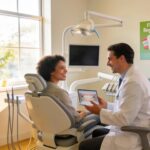 Smiling dentist consulting with a patient about dental implants in a welcoming dental office